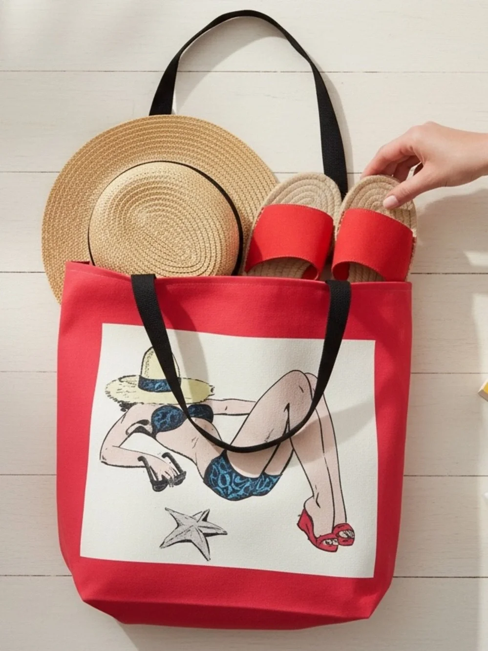 Red Graphic Pinup Girl Canvas Beach Tote Bag Beach Market Bag